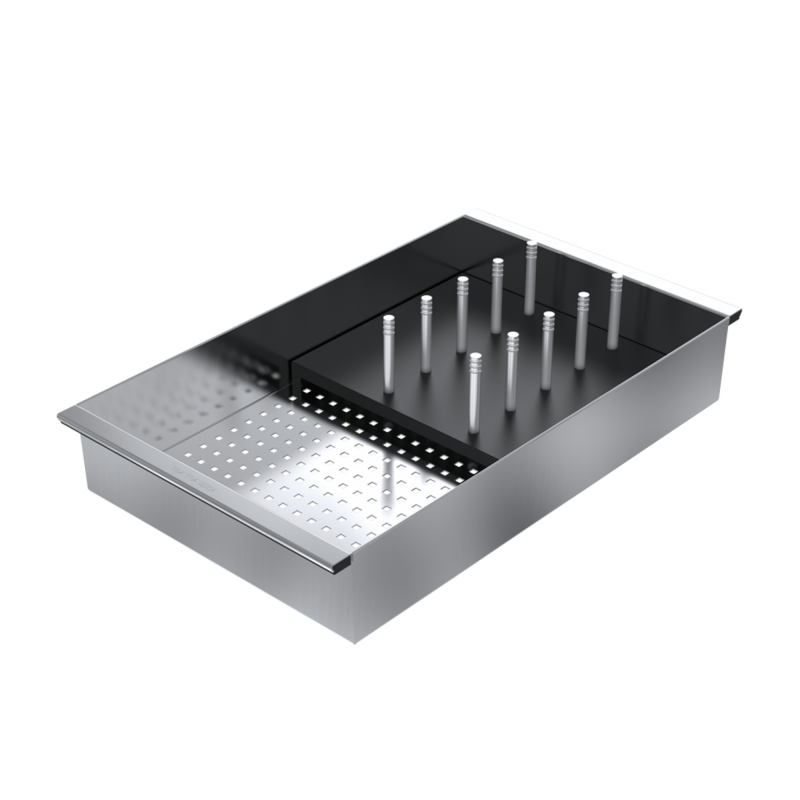 Sliding stainless steel colander with black HPL draining rack