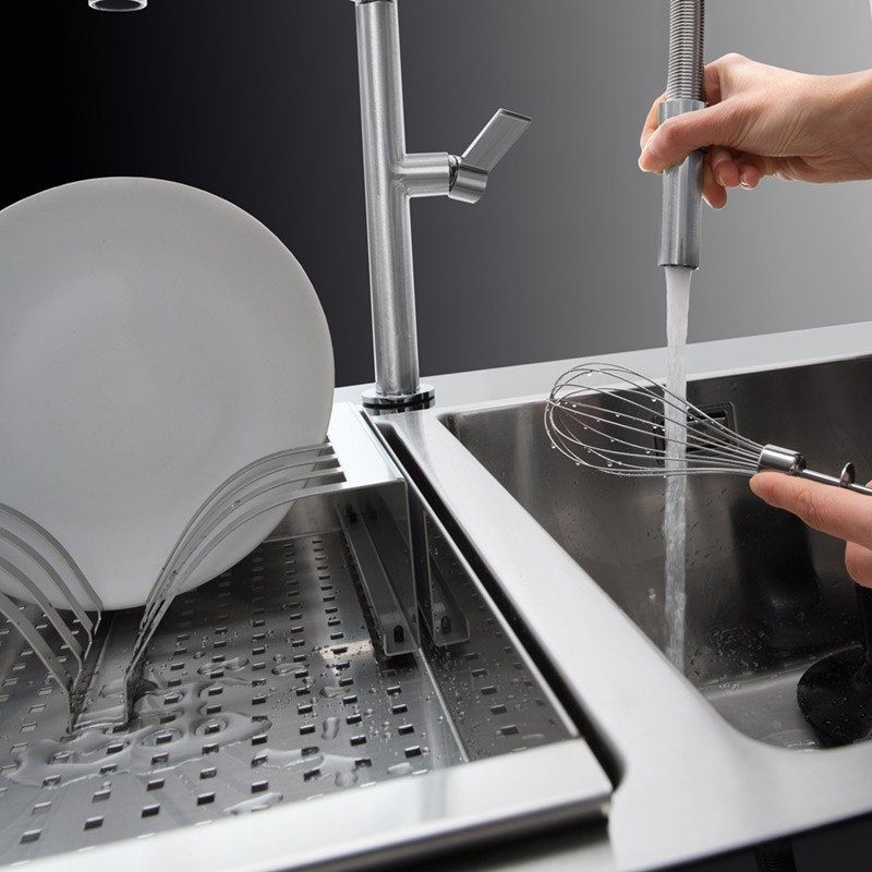 Homepeich Scolapiatti In Acciaio Inox Con Vassoio E Portaposate – 43x31x14 Cm, Manici In Legno